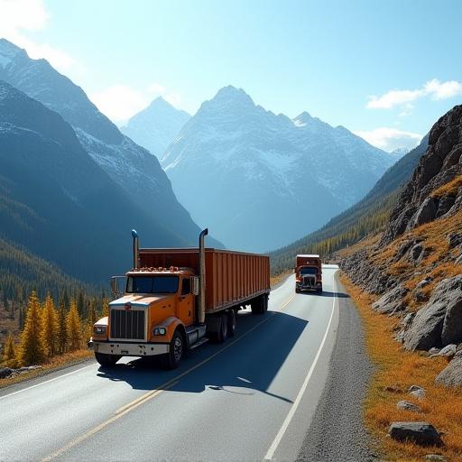 Lastbilar som kör på en väg i fjällmiljö